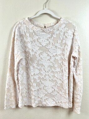 LOFT 100% Cotton Ivory Textured Mock Neck Long Sleeve Lightweight Blouse Sz Lrg